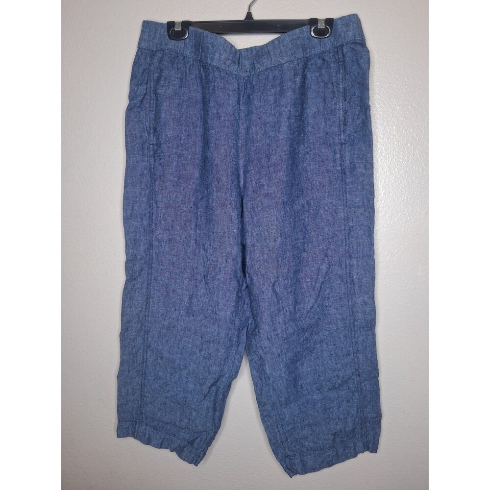 Purejill Linen Pull On Pants Indigo Blue Pockets Wide Leg Beachy Resort Cruise L